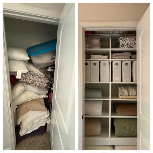 Before-and-after linen closet makeover featuring custom shelving, organized linens, storage bins, blankets, and household essentials.